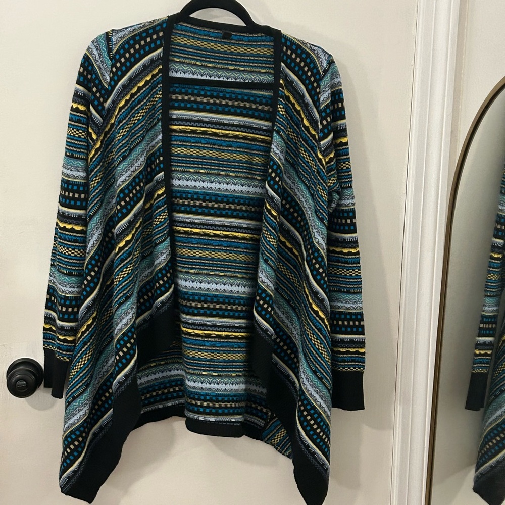 Pronto USA Women M/L Sweater Boho Open Front Cardigan Stripe Blue Teal Yellow